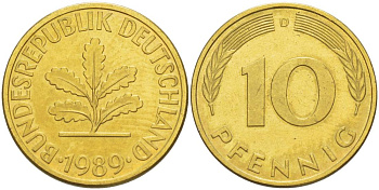 ФРГ 10 ПФЕННИГОВ 1989 D KM 108, J. 383 сталь плакированная латунью 219-544
