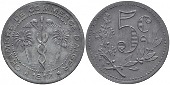 Алжир, Французская оккупация 5 сантимов 1917 Alger Chamber of Commerce KM TnA3 цинк 5010-543