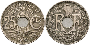 Франция 25 сантимов 1921 KM 867a, Le Franc 171.7 медно-никель 4143-411