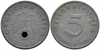 ГЕРМАНИЯ 5 РЕЙХСПФЕННИГОВ 1940 D, KM 100, J. 370 цинк 112-461