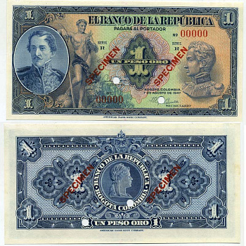 Колумбия 1 песо 1947 7 августа 1947, генерал Сантандер, бюст Симона Боливара, просечки, образец, Specimen, Pick 380s бумага UNC (пресс) 00-00