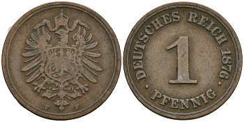 Германия 1 пфенниг 1876 F KM 1, J. 1, Weege 1 медь 4547-933