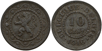 Бельгия 10 сантимов 1916 германская оккупация Первая мировая война, Альберт I (1910-1934) KM 81 цинк 4161-257