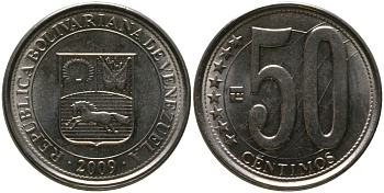 Венесуэла 50 сентимо 2009 KM 92, Schon 105 сталь плакированная никелем 4529-124