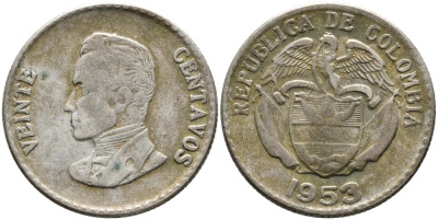 КОЛУМБИЯ 20 СЕНТАВО 1953 В, СИМОН БОЛИВАР, ПРОБА 300 KM 213 серебро 4529-844