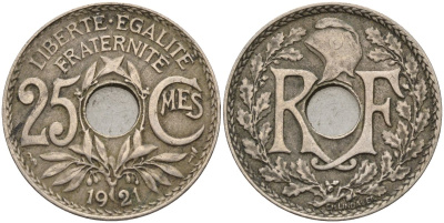 Франция 25 сантимов 1921 KM 867a, Le Franc 171.7 медно-никель 4143-411