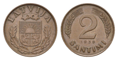 Латвия 2 сантима 1939 KM 11.2 бронза 4679-261