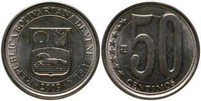 Венесуэла 50 сентимо 2009 KM 92, Schon 105 сталь плакированная никелем 4529-124