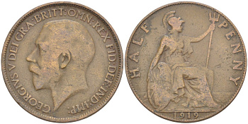 Великобритания 1/2 пенни 1919 Георг V (1910-1936) KM 809, Spink 4056 бронза 4519-135