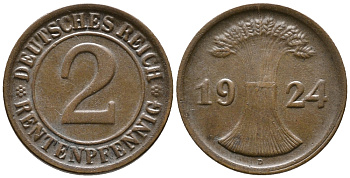 ГЕРМАНИЯ 2 РЕНТЕНПФЕННИГА 1924 D KM 31, J. 307 бронза 24-511