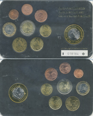 Франция евронабор из 8 монет + 1 европробник 2000-2008 в пластиковой запайке    UNC  7-5-5-12