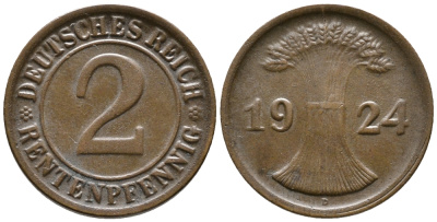 ГЕРМАНИЯ 2 РЕНТЕНПФЕННИГА 1924 D KM 31, J. 307 бронза 24-511