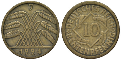 Германия 10 рентенпфеннигов 1924 J KM 33, J. 309 алюминиевая бронза 4121-853
