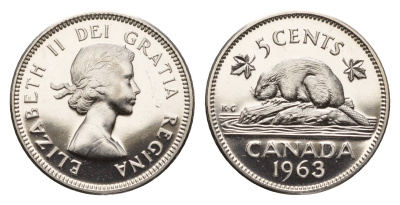 Канада 5 центов 1963 Елизавета II (1952-2022), бобр KM 57 никель PROOF-LIKE (BU) 413-3025