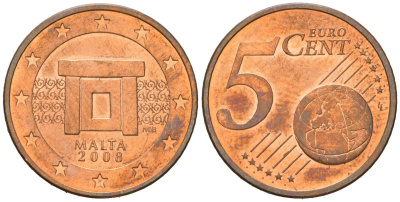 Мальта 5 евроцентов 2008 F KM 127 сталь плакированная медью UNC 4548-136