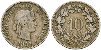 Швейцария 10 раппенов 1884 В KM 27 медно-никель 08-1424