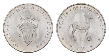 Ватикан 2 лиры 1970 KM 117 алюминий UNC 4632-913