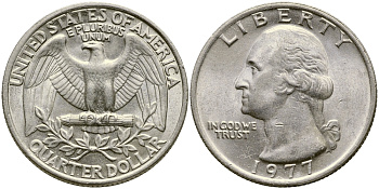 США 25 центов (квотер) 1977 Вашингтон KM A164a медь плакированная медно-никелем 4388-317