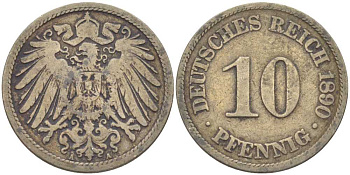 ГЕРМАНИЯ 10 ПФЕННИГОВ 1890 А KM 12, J. 13 медно-никель 210-624