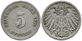 ГЕРМАНИЯ 5 ПФЕННИГОВ 1896 F KM 11, J. 12 медно-никель 39-719