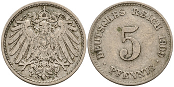 Германия 5 пфеннигов 1909 D J.12, KM 11 медно-никель    4598-1139