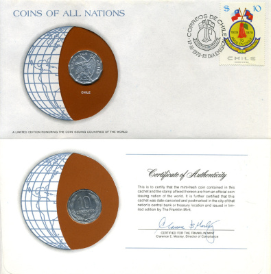 ЧИЛИ 10 СЕНТАВО 1979 конверт с маркой первого дня гашения, Coins of Nations KM 205а алюминий UNC 4294-74-1