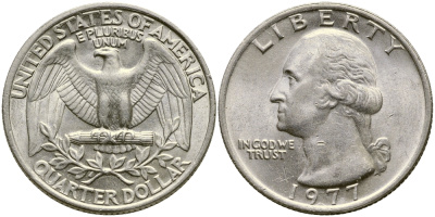 США 25 центов (квотер) 1977 Вашингтон KM A164a медь плакированная медно-никелем 4388-317