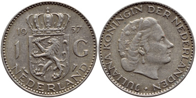 Нидерланды 1 гульден 1957 Юлиана (1948-1980) KM 184 серебро 633-911