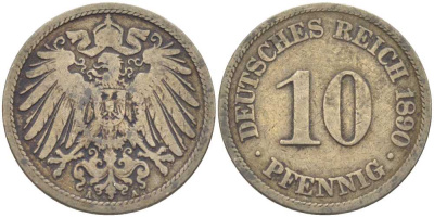 ГЕРМАНИЯ 10 ПФЕННИГОВ 1890 А KM 12, J. 13 медно-никель 210-624