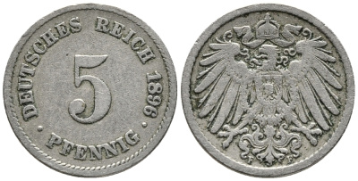 ГЕРМАНИЯ 5 ПФЕННИГОВ 1896 F KM 11, J. 12 медно-никель 39-719