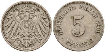 Германия 5 пфеннигов 1909 D J.12, KM 11 медно-никель    4598-1139
