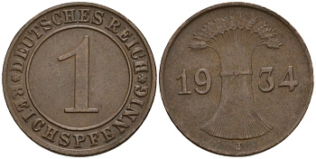 Германия 1 рейхспфенниг 1934 J KM 37, J. 313 бронза 4516-564