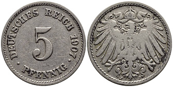 ГЕРМАНИЯ 5 ПФЕННИГОВ 1907 J KM 11, Jager 12, Weege 6 медно-никель 4547-461