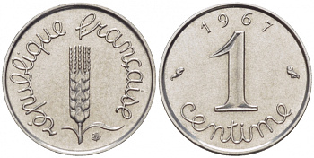 ФРАНЦИЯ 1 САНТИМ 1967 KM 928 хромированная сталь UNC 112-564