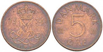 ДАНИЯ 5 ЭРЕ 1974 МАРГАРЕТ II KM 859.1 железо плакированное медью 3309-122