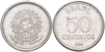 Бразилия 50 сентаво 1986 реформа 1986-1989 KM 604 нержавеющая сталь 217-1257