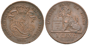 Бельгия 1 сантим 1861 Леопольд I (1831-1865) KM 1.2 медь 4044-315
