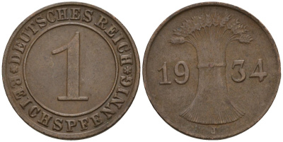 Германия 1 рейхспфенниг 1934 J KM 37, J. 313 бронза 4516-564