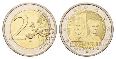 Люксембург 2 евро 2019 100 лет вступлению на трон Великой Герцогини Шарлотты KM 158 биметалл UNC 68-314