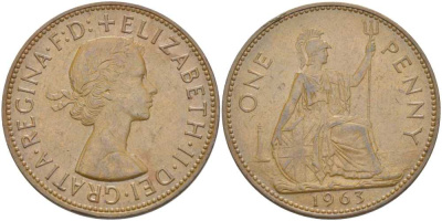 Великобритания 1 пенни 1963 Елизавета II (1952-2022) KM 897, Spink 4157 бронза 180-132