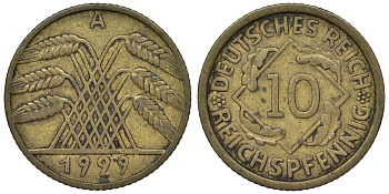 Германия 10 рейхспфеннигов 1929 A KM 40, J. 317 алюминиевая бронза 4121-921