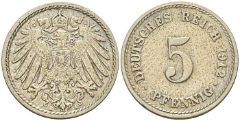 ГЕРМАНИЯ 5 ПФЕННИГОВ 1912 A KM 11, J. 12, Weege 6 медно-никель 206-1013