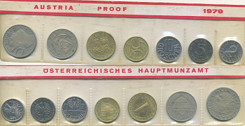 Австрия набор из 7 монет  1979  2, 5, 10, 50 грошей, 1, 5, 10 шиллингов, в целлофане PROOF 4294-10-3