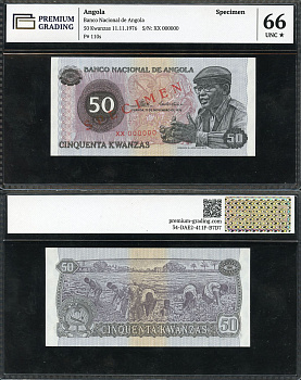 Ангола 50 кванза 1976 Антонио Агостиньо Нето, крестьяне, specimen, в слабе Premium Grading, 66 UNC Pick 110 s  бумага  UNC (пресс) 452-3-23