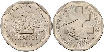 Франция 2 франка 1993 Жан Мулен, 50 лет Национальному движению сопротивления KM 1062, Le Franc 273.2 никель 4157-333
