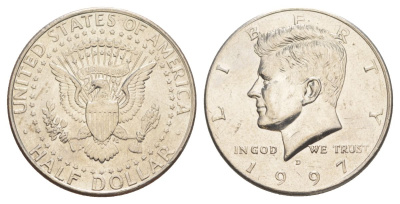 США 1/2 доллара (50 центов) 1997 D, Джон Кеннеди KM A202b медь плакированная медно-никелем aUNC 4389-912