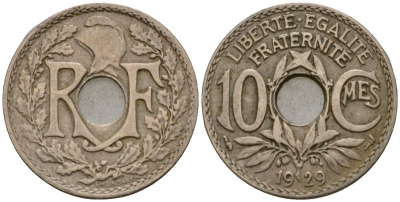 Франция 10 сантимов 1929 KM 866a медно-никель 4601-721