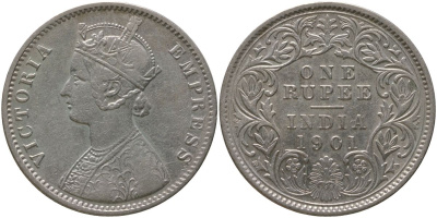 Британская Индия 1 рупия 1901 Виктория (1837-1901) KM 492 серебро 4557-722