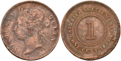 Стрейтс-Сетлментс 1 цент 1875 Виктория (1837-1901), Ост-Индская компания KM 9 медь 4590-416