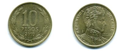 ЧИЛИ 10 ПЕСО 2010 ГЕНЕРАЛ БЕРНАРДО О ХИГГИНС KM 228.2 никель-бронза 37-1032